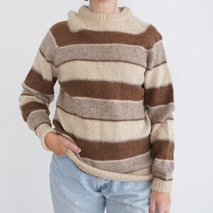 Vintage Impulse Cream Brown Stripe 100% Wool Grandpa Crewneck Sweater M